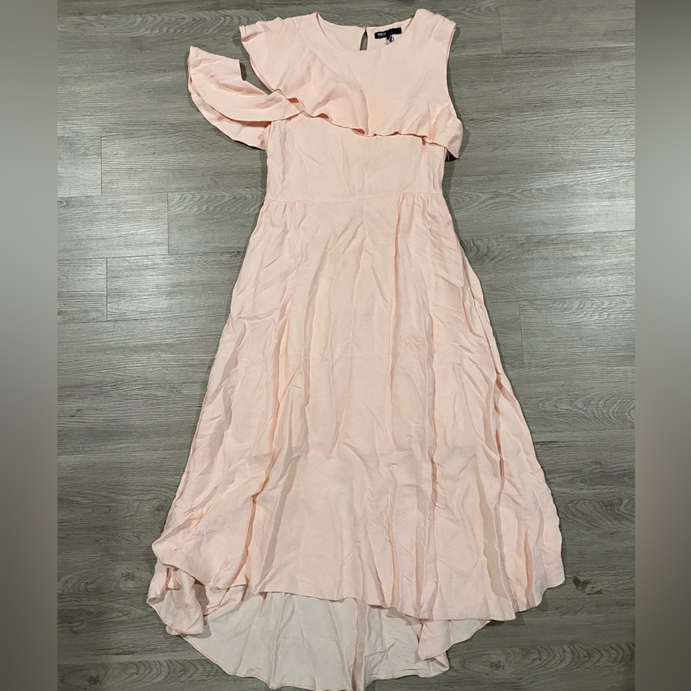 Maje Riveli Cold Shoulder Crepe Midi Elegant Pink Ruffle Dress‎ - Picture 6 of 12